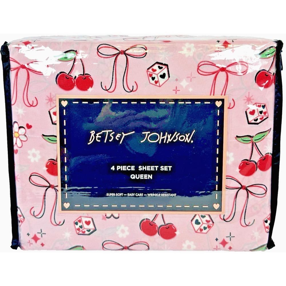 Betsey Johnson Cherry Bow Dice Sheet Set Queen Pink Coquette Bedding 4pc